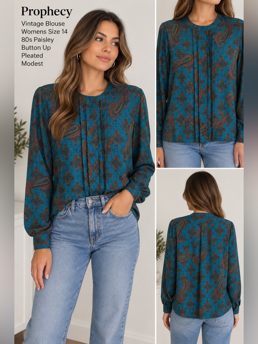 Vintage Prophecy Blouse‎ Womens Size 14 80s paisley button up pleated Modest